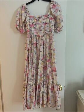 Pinkblush Pink Floral Midi Dress with Puff Sleeves